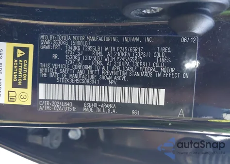 2012 Toyota Highlander Se V6 из США, поврежденный, VIN 5TDZK3EH5CS083041